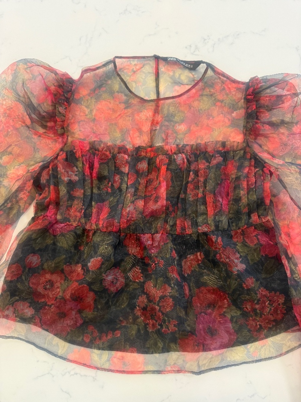 Zara Organza Floral Blouse Long Puff Sleeve Black/Red Small feminine airy